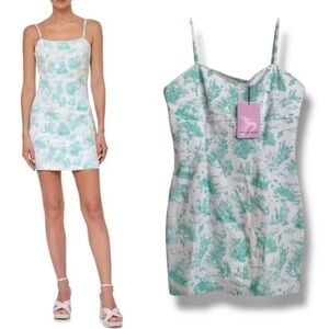 Sleeveless White and Mint Print Mini Dress